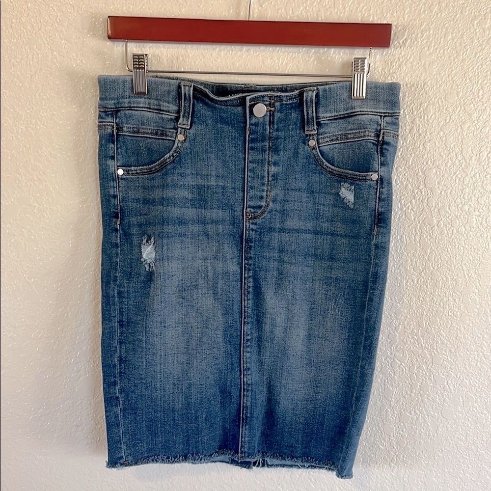 Liverpool Mystic Blue Distressed Denim Raw Hem Pencil Skirt 6/28